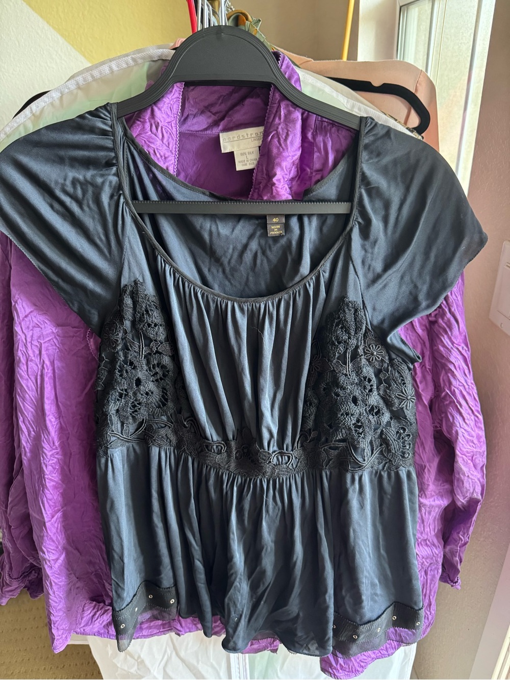 Auth Louis Vuitton Black Lace-Embellished Short Sleeve Blouse + COA